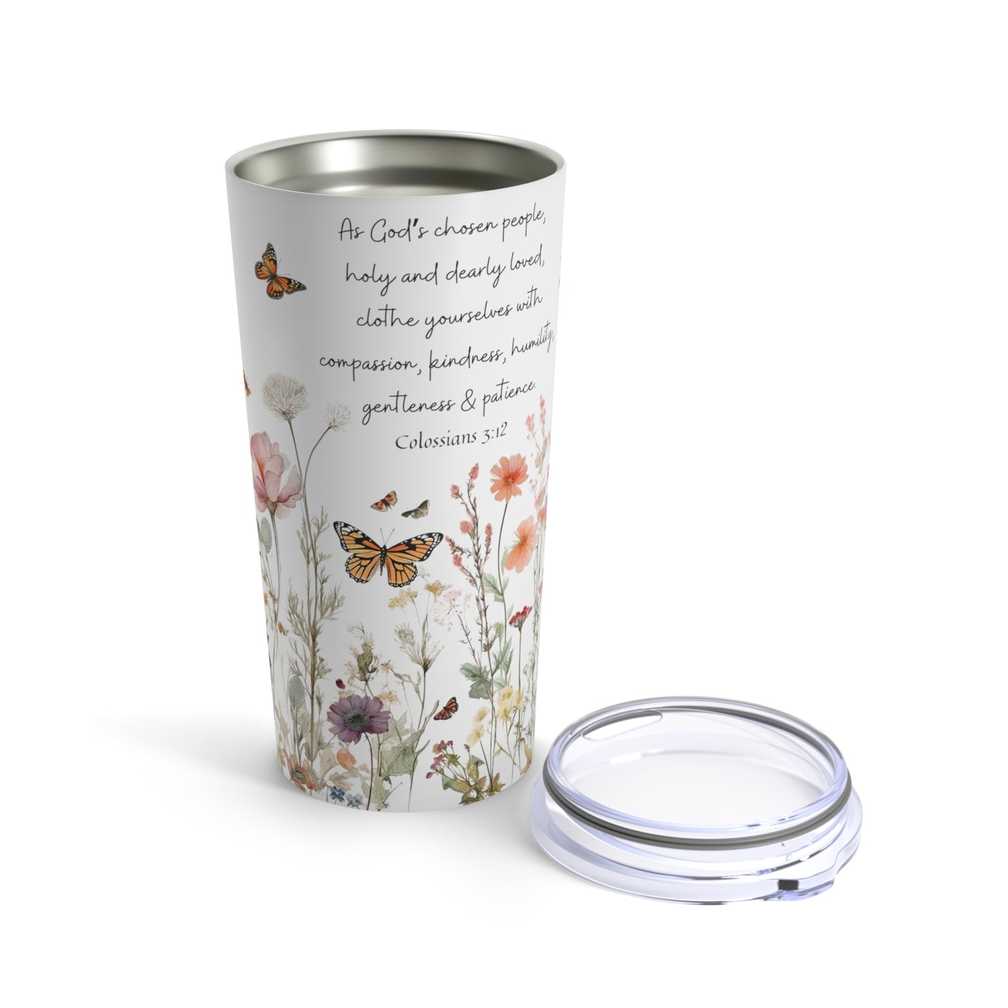 Christian Bible Verse Tumbler 20oz - Colossians 3:12 | Wildflowers & Butterfly Flower Garden