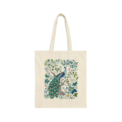 Cotton Canvas Tote Bag With Peacock