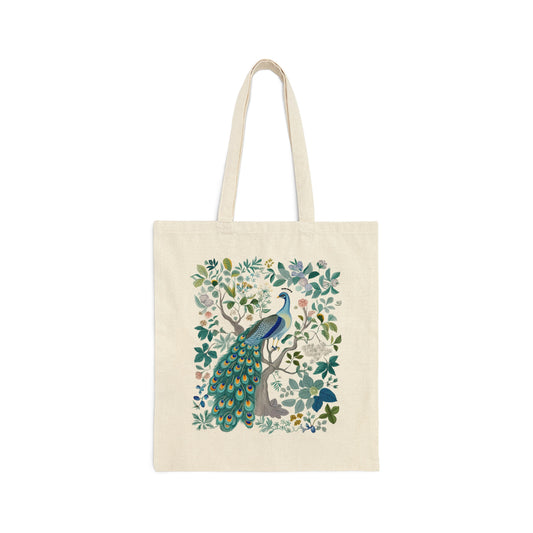 Cotton Canvas Tote Bag With Peacock