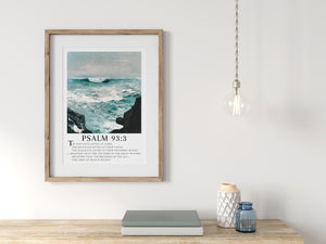 Psalm 93 Scripture Wall Decor - Mightier Than the Waves | Inspiring Seascape Painting with Bible Verse