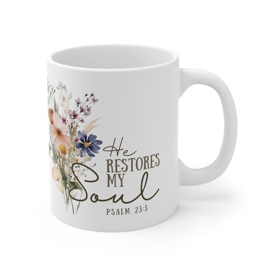 Women's Christian Coffee Mug | Psalm 23:3 He Restores My Soul | Flower Mug With Bible Verse