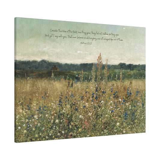 Scripture Canvas Art - Consider The Lilies - Matthew 6:28 | Vintage Wildflower Field Canvas