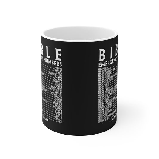 Bible Emergency Numbers Ceramic Coffee Mug 11oz (Black) - Christian Inspirational Gift For Women & Men