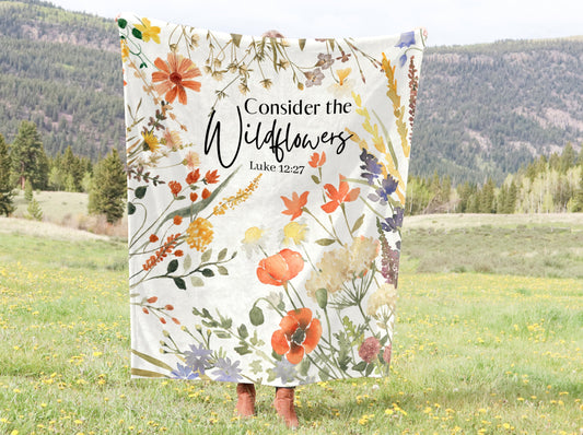 Bible Verse Blanket | Consider The Wildflowers - Luke 12:27 | Floral Blanket - Throw Blanket