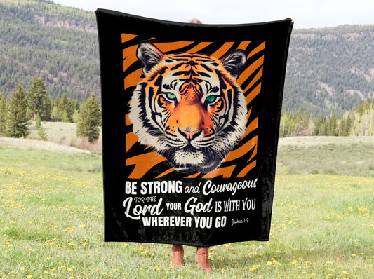 Bible Verse Blanket - Joshua 1:9 Be Strong and Courageous | Eye of The Tiger Blanket, Kids Scripture Blanket