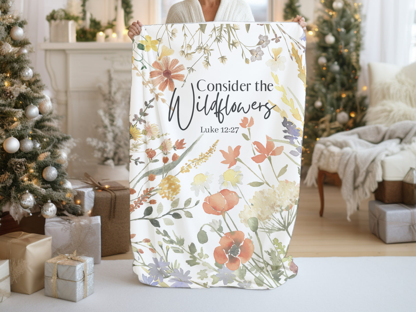 Bible Verse Blanket | Consider The Wildflowers - Luke 12:27 | Floral Blanket - Throw Blanket