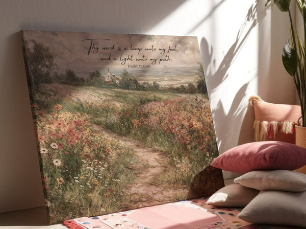 Canvas Gallery Wrap- Thy Word Is A Lamp Onto My Feet Psalm 119 | Wildflower Field Art - Bible Verse Canvas Hover