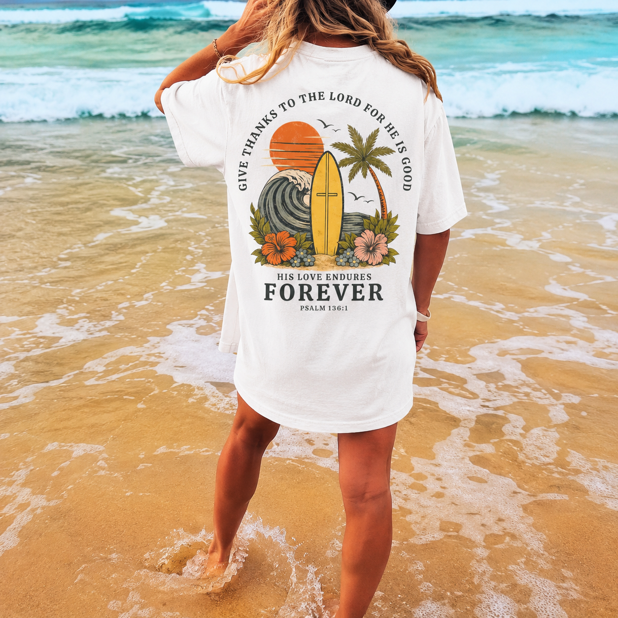 Give Thanks To The Lord, His Love Endures Forever Shirt - Psalm 136 Bible Verse Beach Tee