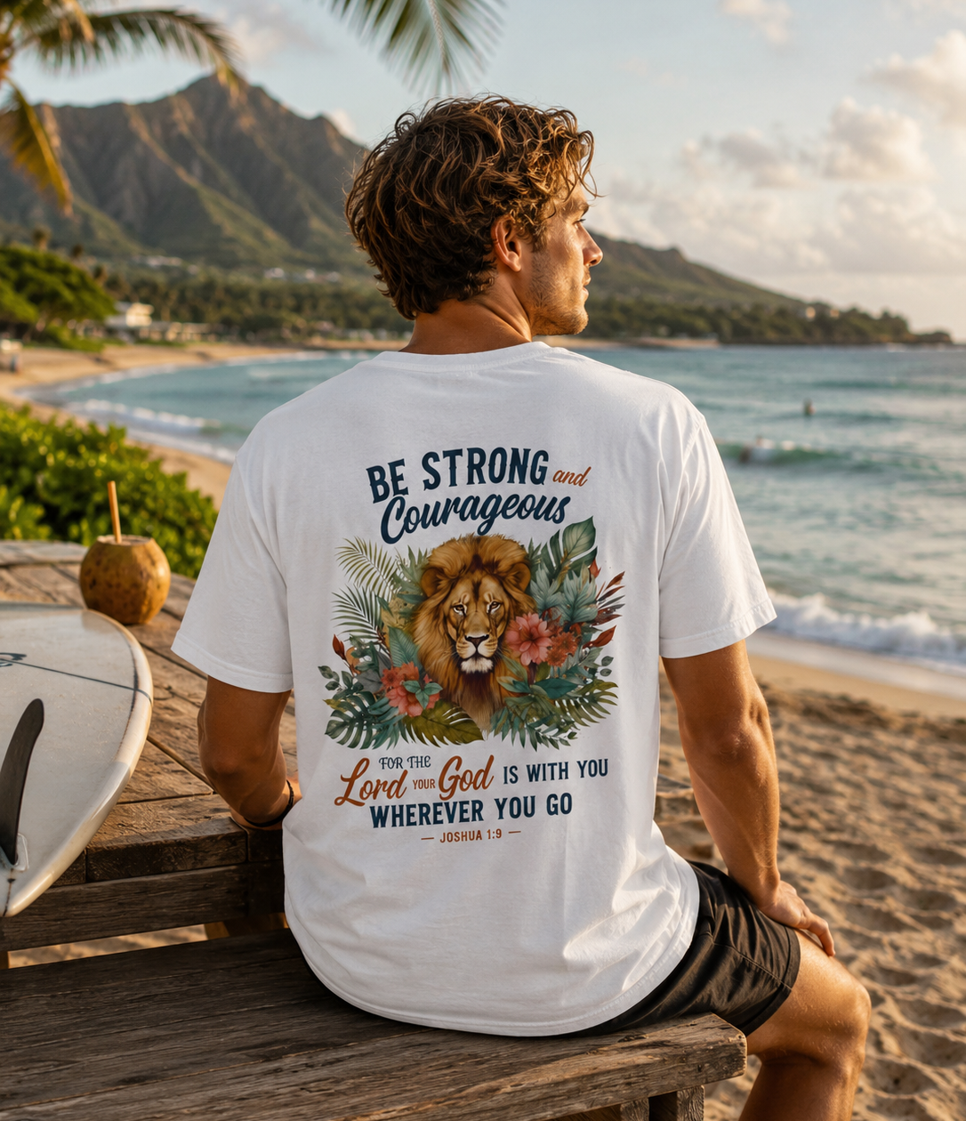 Man sitting on a beach with a scenic view, wearing a white t-shirt with a motivational quote and lion graphic.