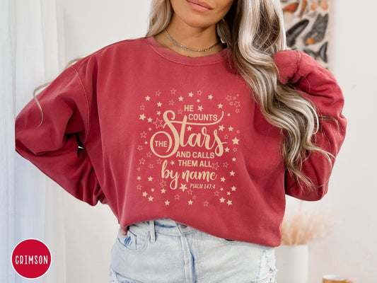 Psalm 147 - He Counts The Stars Christian Sweatshirt | Comfort Colors Sweatshirt