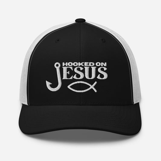 Hooked on Jesus Hat | Embroidered Trucker Style Cap, Fishing hat - Christian Cap with Embroidery