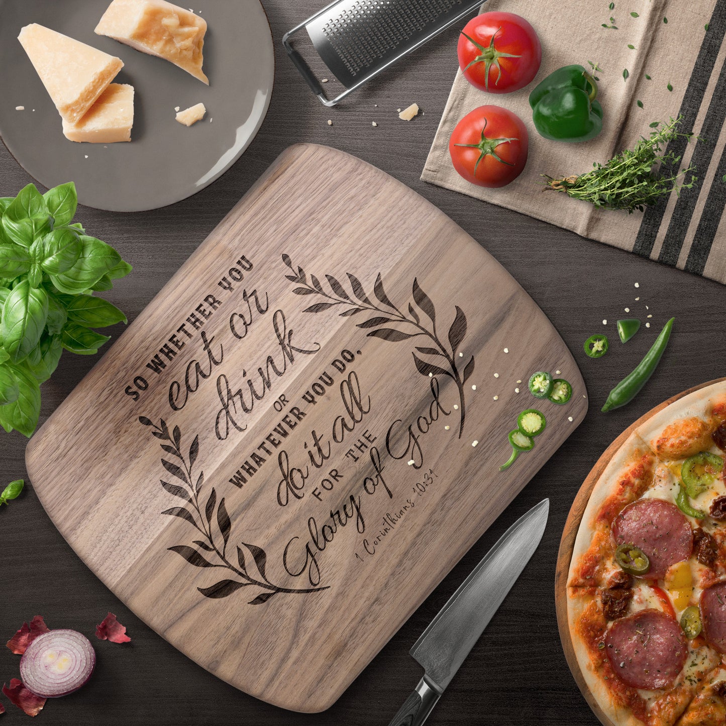 Wooden Cutting Board with Engraved Bible Verse 1 Corinthians 10:31 - Oval Chopping Board