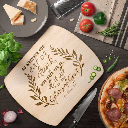 Wooden Cutting Board with Engraved Bible Verse 1 Corinthians 10:31 - Oval Chopping Board