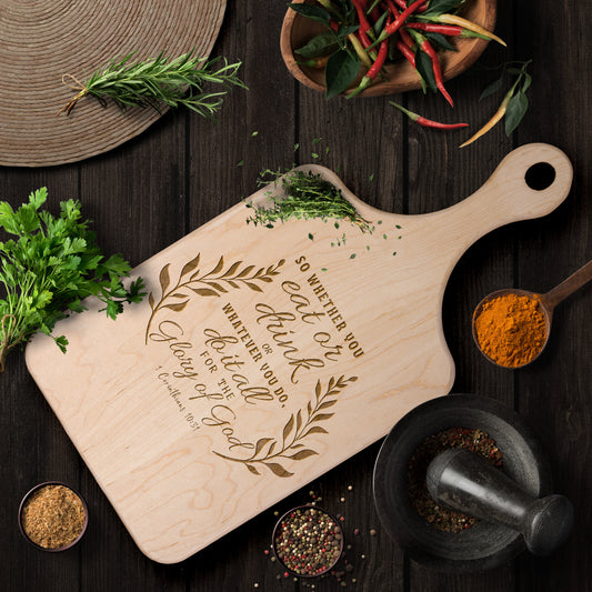 Wooden Cutting Board with Engraved Bible Verse 1 Corinthians 10:31 - Paddle Chopping Board