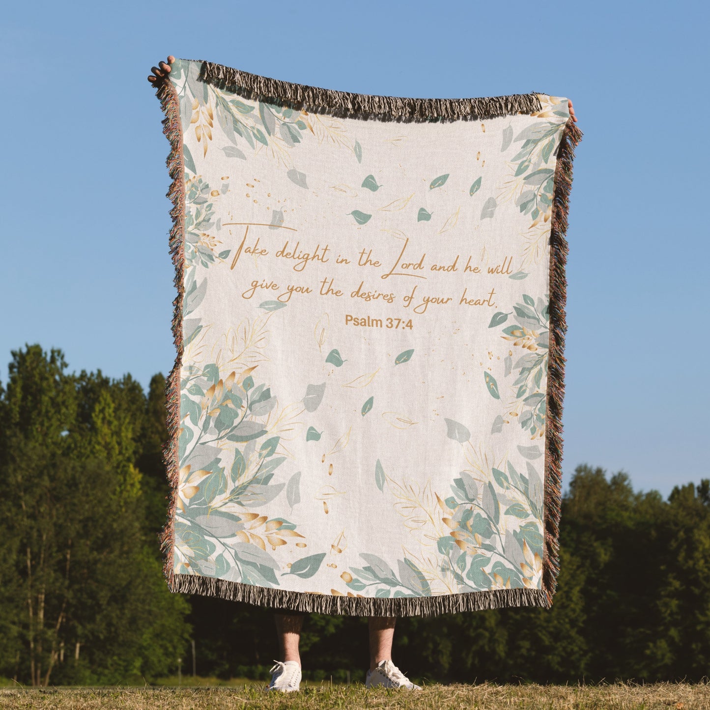 Woven Blanket - Psalms Scripture Blanket | Eucalyptus Leaves Design, Cotton Throw Blanket