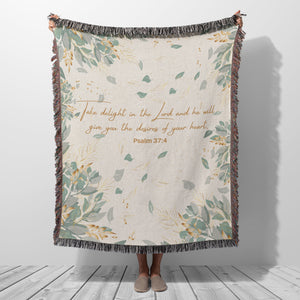Woven Blanket - Psalms Scripture Blanket | Eucalyptus Leaves Design, Cotton Throw Blanket