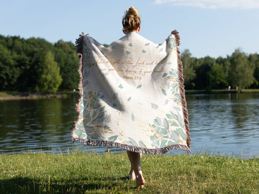 Woven Blanket - Psalms Scripture Blanket | Eucalyptus Leaves Design, Cotton Throw Blanket