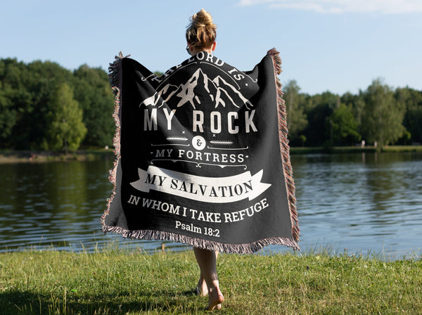 Woven Blanket - The Lord Is My Rock Psalm 18 Bible Verse Blanket Hover