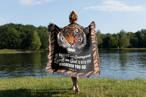 Tiger Blanket - Woven Blanket | Be Strong & Courageous - Cotton Throw Blanket Hover