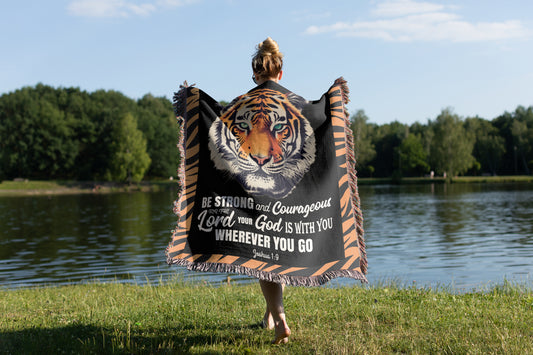 Tiger Blanket - Woven Blanket | Be Strong & Courageous - Cotton Throw Blanket