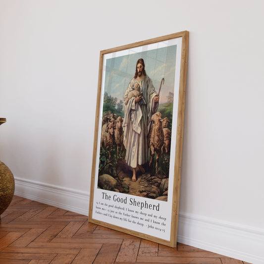 The Good Shepherd - Vintage Jesus Wall Art with Bible Verse from John 10:14 - Unframed Art