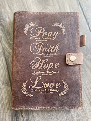 Handmade Refillable Leather Journal | Pray, Faith, Hope, Love