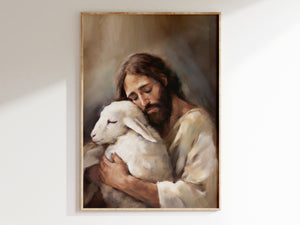 Jesus The Good Shepard & The Lost Sheep Painting Print | Jesus Christ Wall Art Unframed Print