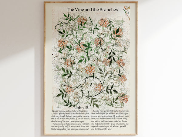 John 15 - I Am The True Vine | The Vine and the Branches - Scripture Wall Decor | Vintage Botanical Art - Unframed Print Hover