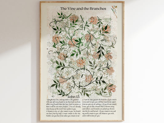 John 15 - I Am The True Vine | The Vine and the Branches - Scripture Wall Decor | Vintage Botanical Art - Unframed Print