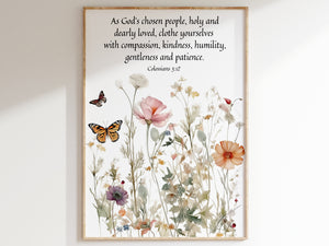 Bible Verse Wildflower Wall Art - Colossians 3: 12 | Butterflies and Flowers Painting Print - Unframed Print