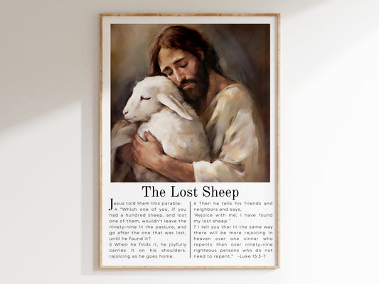 Parable of The Lost Sheep | Bible Verse Wall Art - Luke 15:3 | Jesus Art Painting - Unframed Print