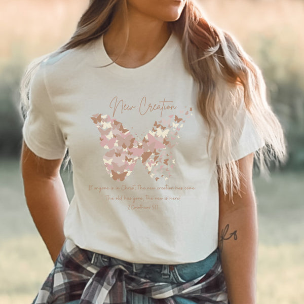New Creation Butterfly Shirt - Christian Shirt With Bible Verse 2 Corinthians 5:17 Hover