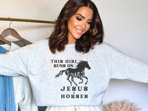 Horse Sweatshirt - This Girl Runs On Jesus and Horses Crewneck Sweatshirt