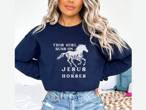 Horse Sweatshirt - This Girl Runs On Jesus and Horses Crewneck Sweatshirt