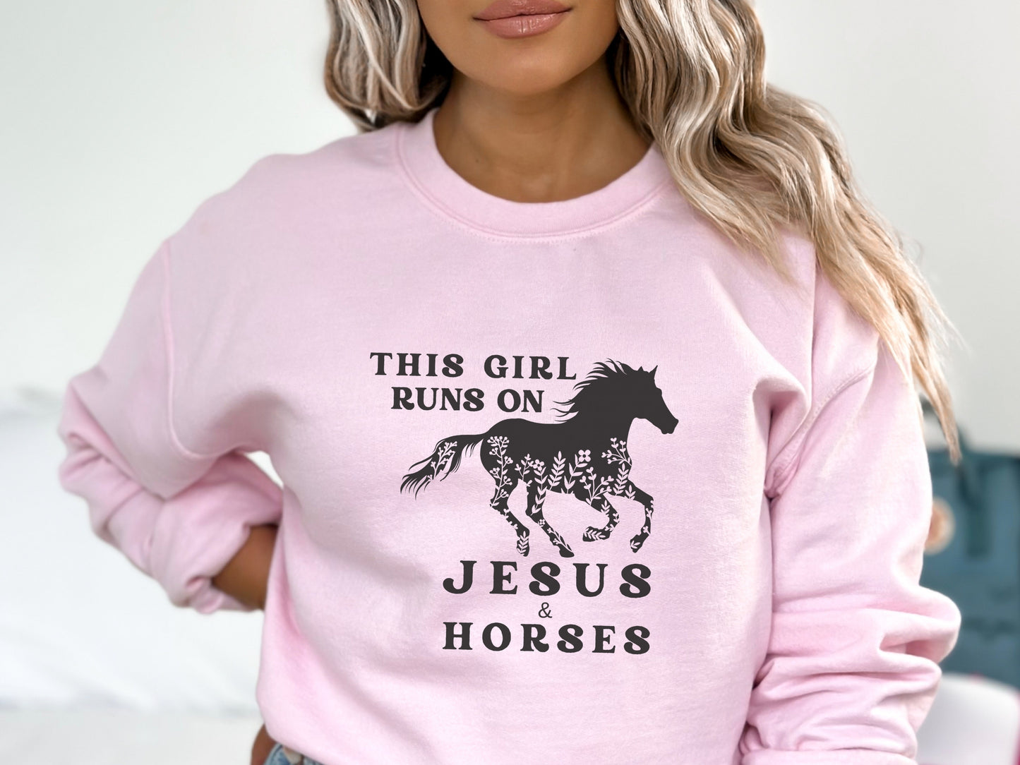 Horse Sweatshirt - This Girl Runs On Jesus and Horses Crewneck Sweatshirt
