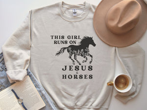 Horse Sweatshirt - This Girl Runs On Jesus and Horses Crewneck Sweatshirt
