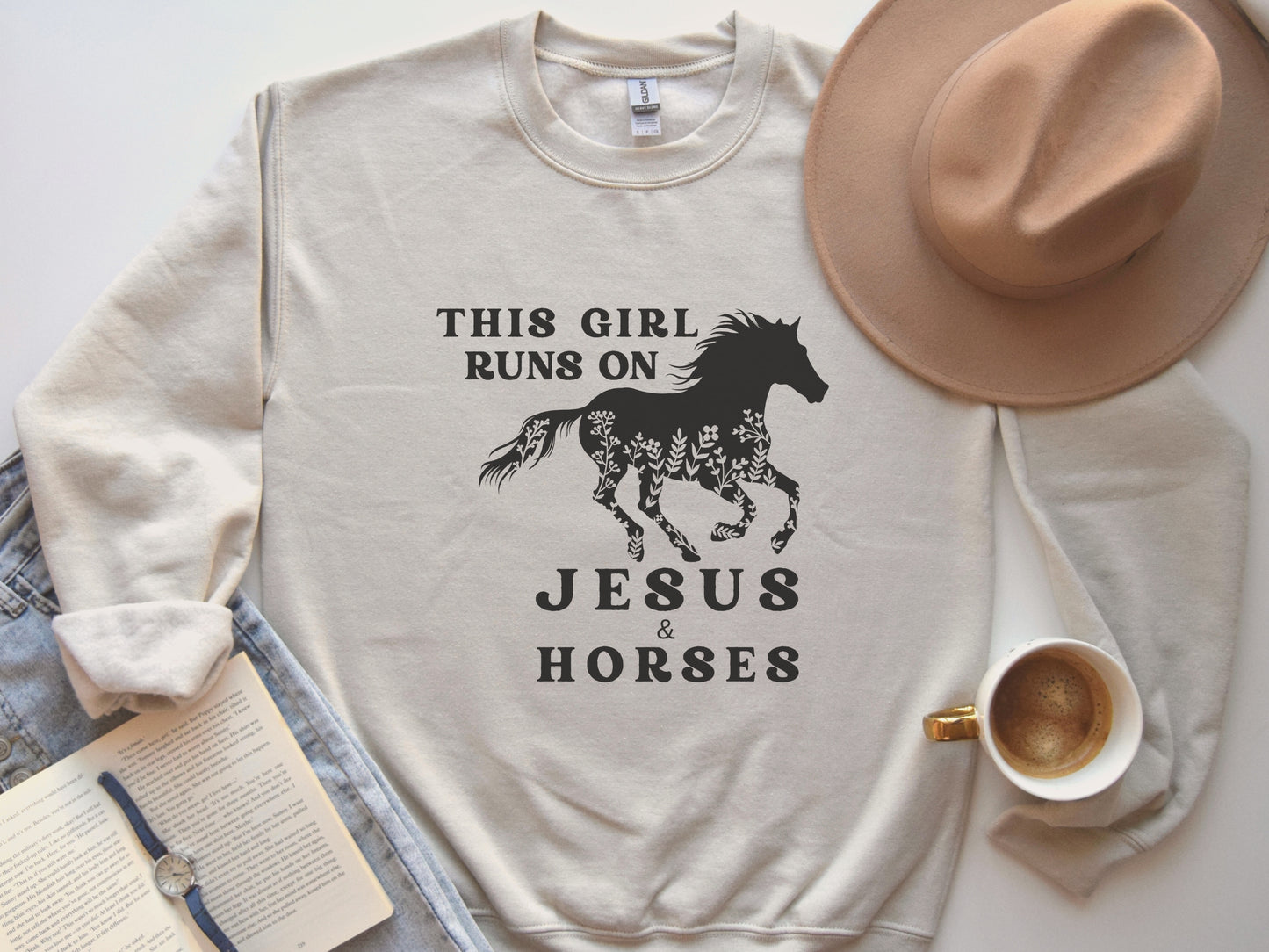 Horse Sweatshirt - This Girl Runs On Jesus and Horses Crewneck Sweatshirt