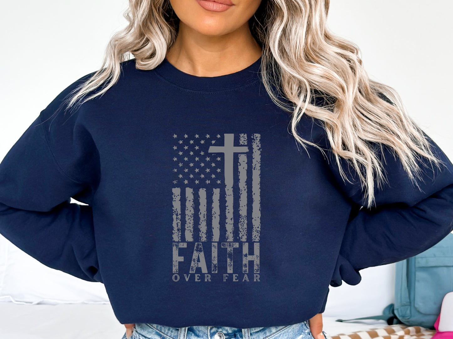 American Flag Sweatshirt - Faith Over Fear Sweater | Patriotic Sweatshirt, USA Flag Sweater