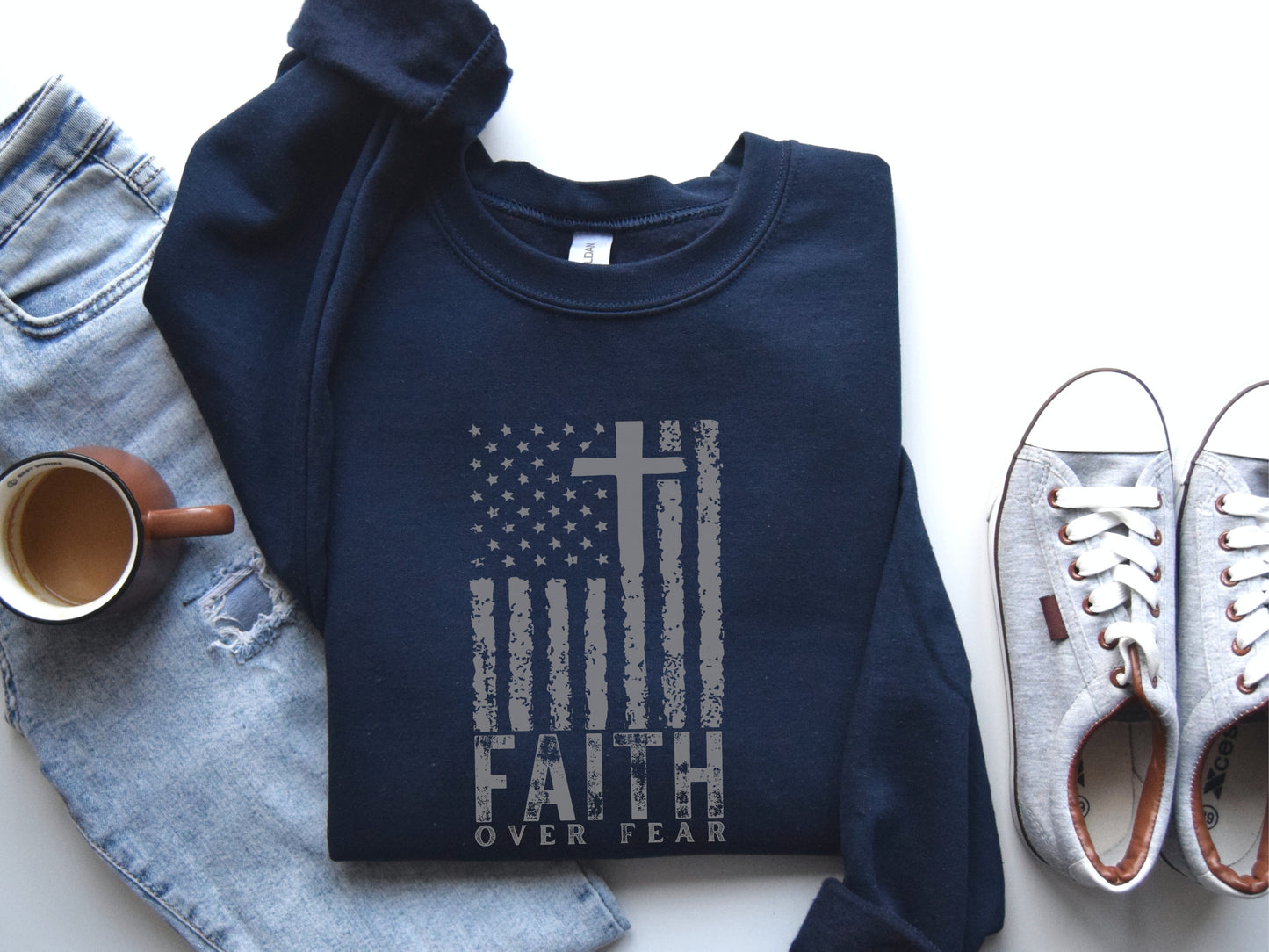 American Flag Sweatshirt - Faith Over Fear Sweater | Patriotic Sweatshirt, USA Flag Sweater