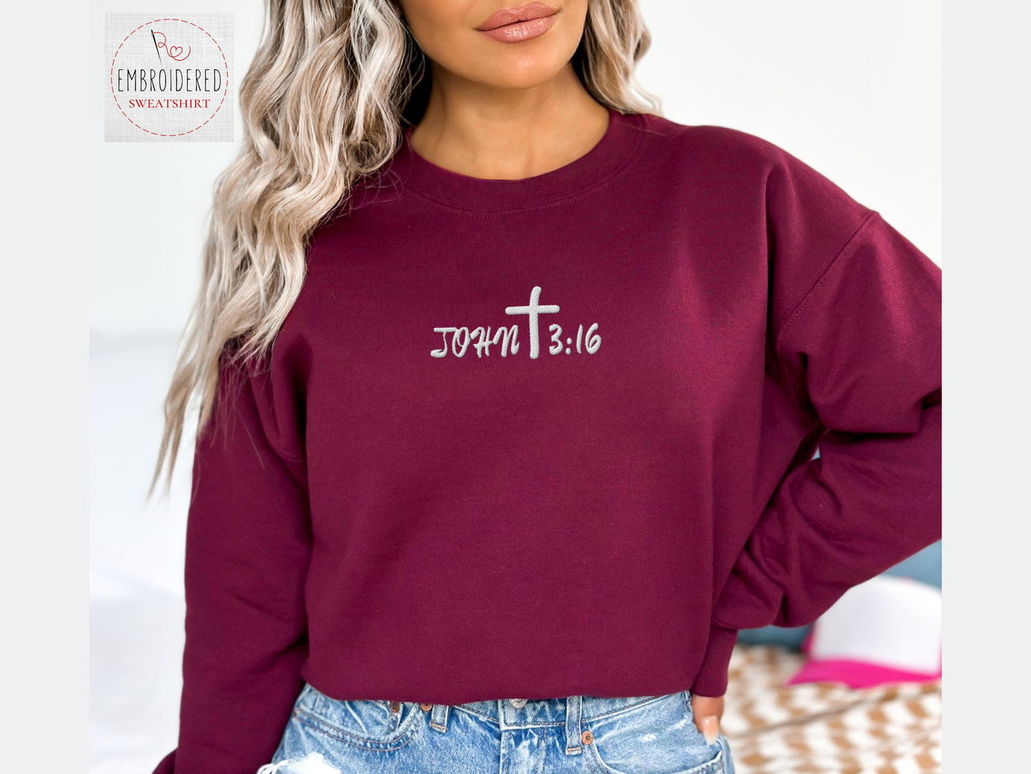 John 3:16 Sweatshirt Embroidery | Christian Embroidered Sweater