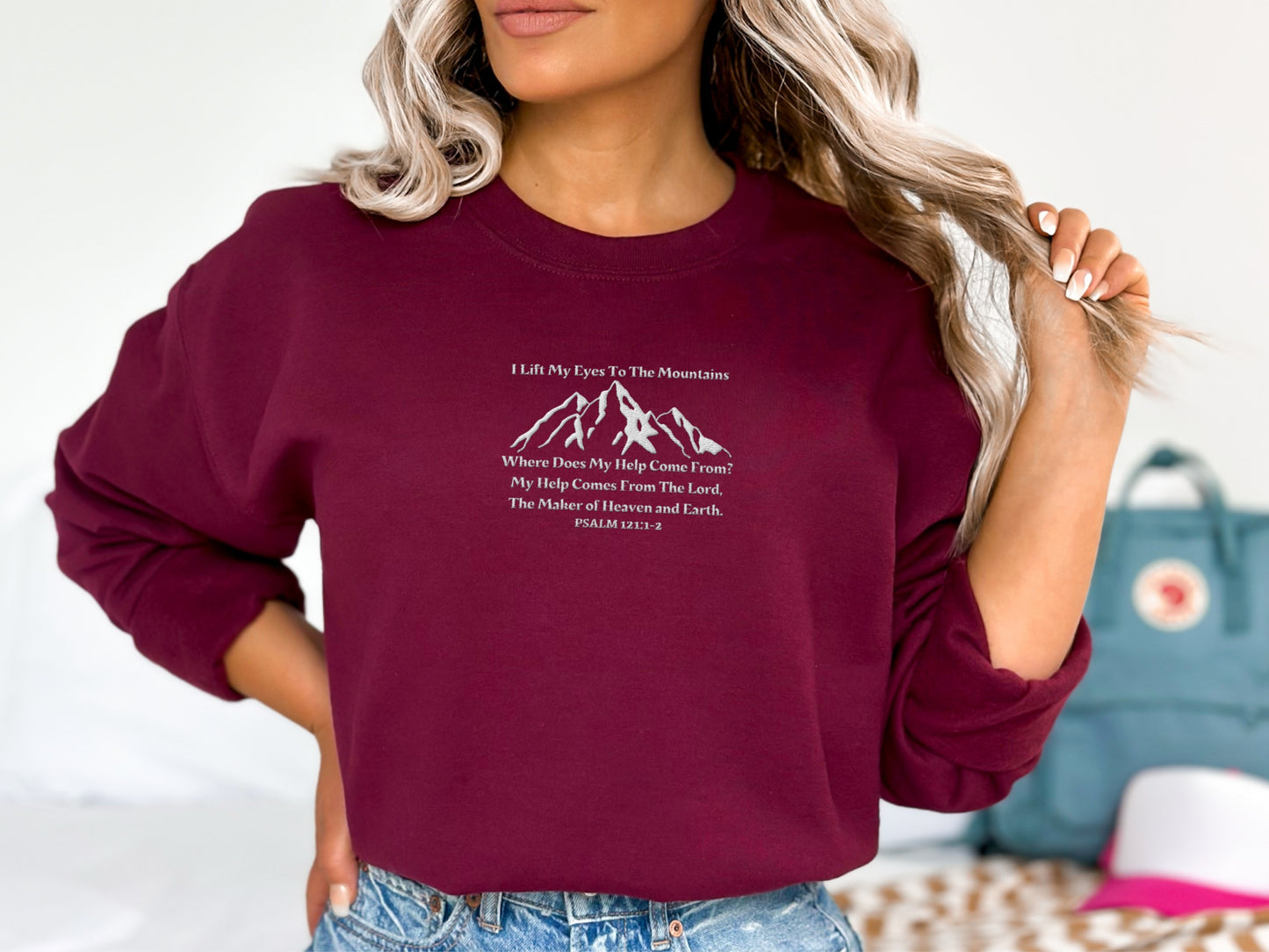 I Lift My Eyes to The Mountains - PSALM 121 Bible Verse Sweater |  Embroidered Sweater