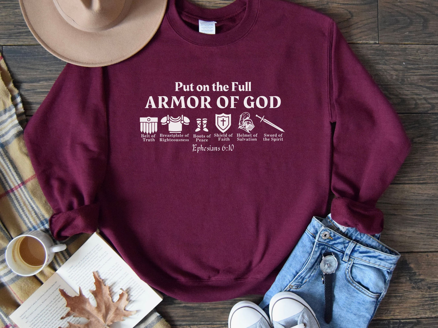 Put on The Full Armor of God Sweatshirt - Christian Crewneck Sweatshirt | Bible Verse Sweater