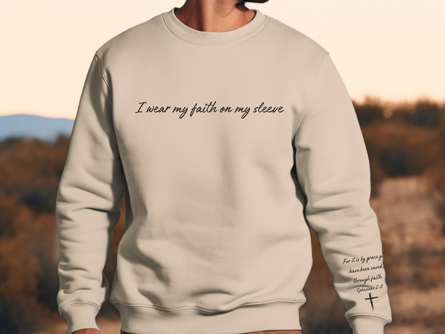 I Wear My Faith On My Sleeve Sweatshirt | Personalized - Add Your Own Custom Name or Bible Verse on Sleeve