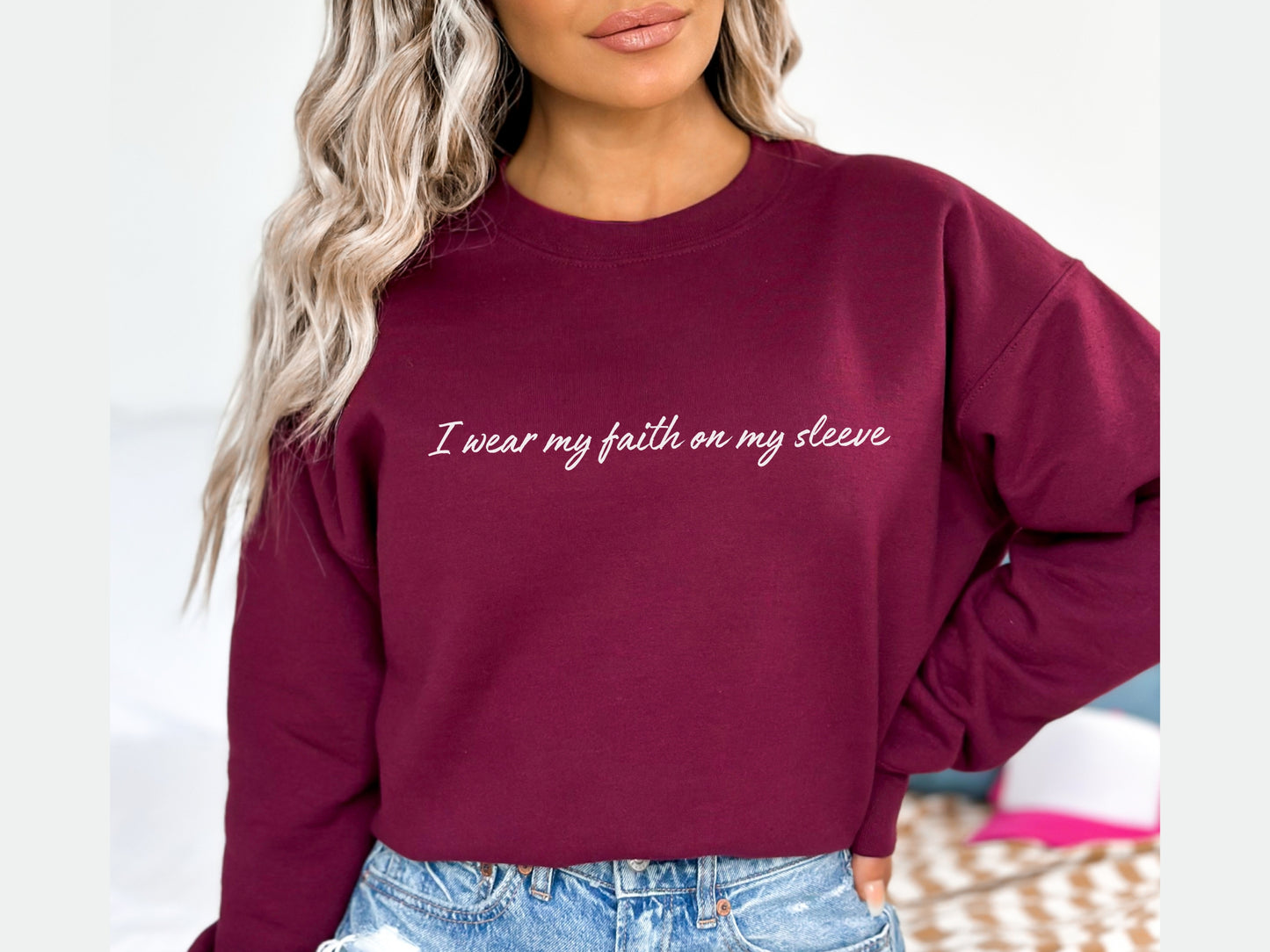 I Wear My Faith On My Sleeve Sweatshirt | Personalized - Add Your Own Custom Name or Bible Verse on Sleeve