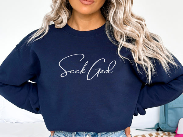 Seek God Scripture Sweatshirt | Bible Verse Sweater Matthew 6:33 - Seek First The Kingdom of God Hover