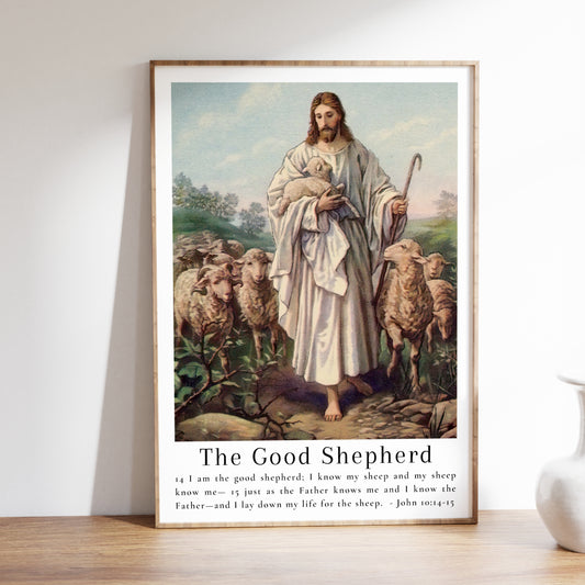 The Good Shepherd - Vintage Jesus Wall Art with Bible Verse from John 10:14 - Unframed Art
