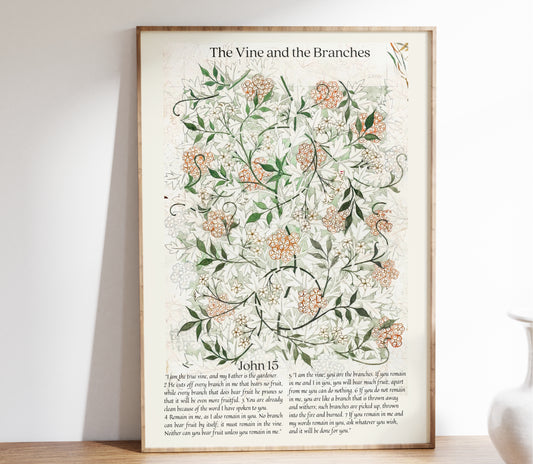 John 15 - I Am The True Vine | The Vine and the Branches - Scripture Wall Decor | Vintage Botanical Art - Unframed Print