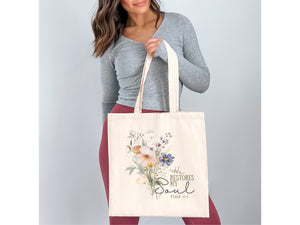 He Restores My Soul - Psalm 23:3 Floral Tote Bag | Christian Tote With Bible Verse and Flowers