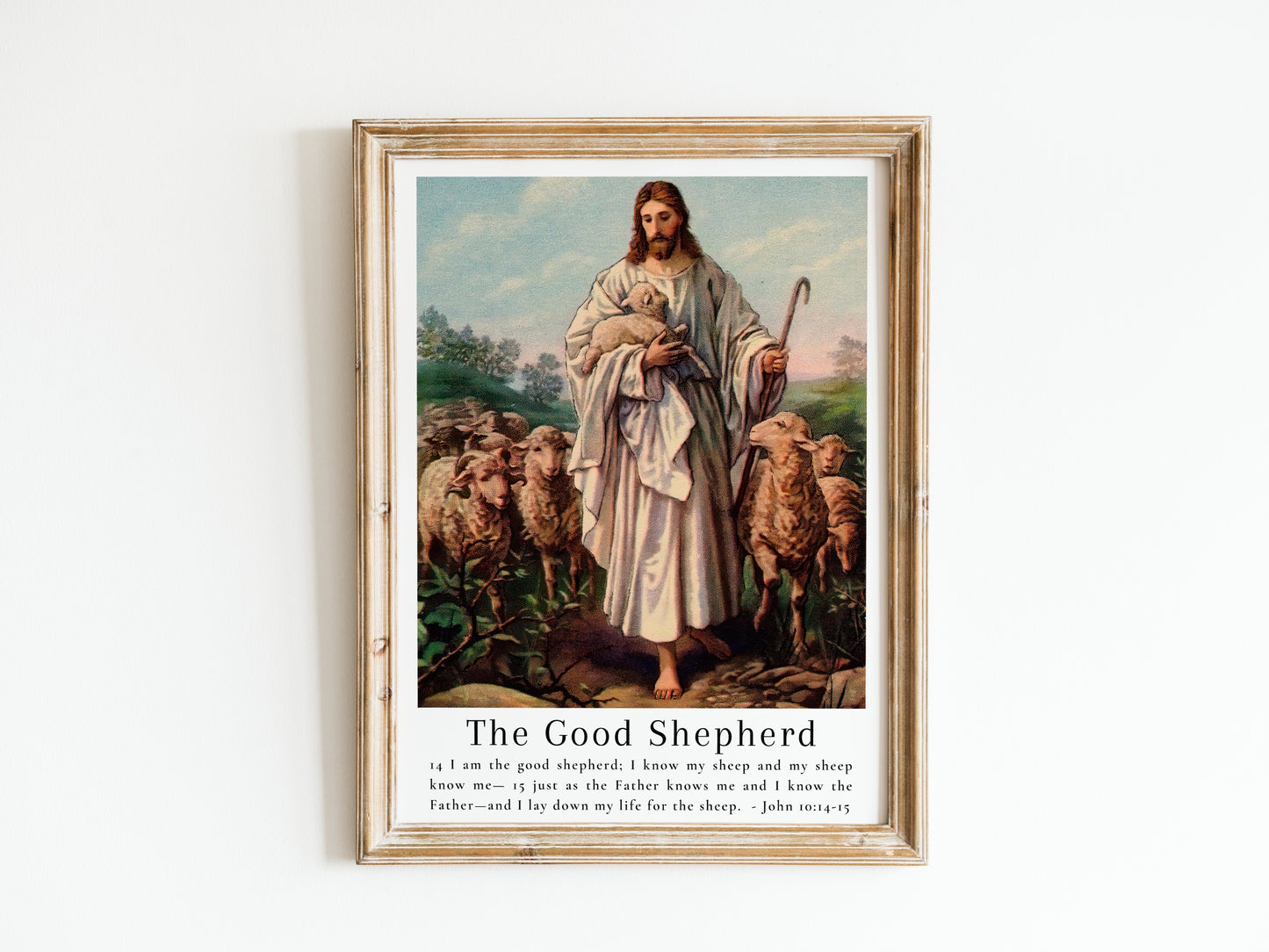 The Good Shepherd - Vintage Jesus Wall Art with Bible Verse from John 10:14   - Unframed Art