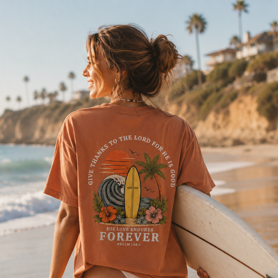 Give Thanks To The Lord, His Love Endures Forever Shirt - Psalm 136 Bible Verse Beach Tee